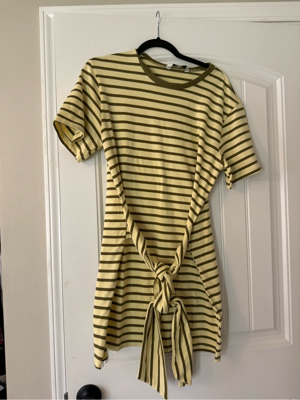 Striped Tie-Front Short Sleeve Dress - Olive/Yellow